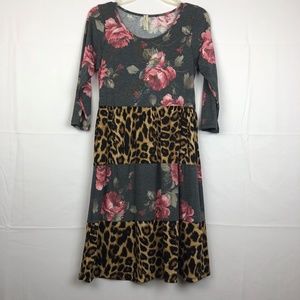 ♧#m2d Floral/Cheetah print 3/4 sleeve womens dress